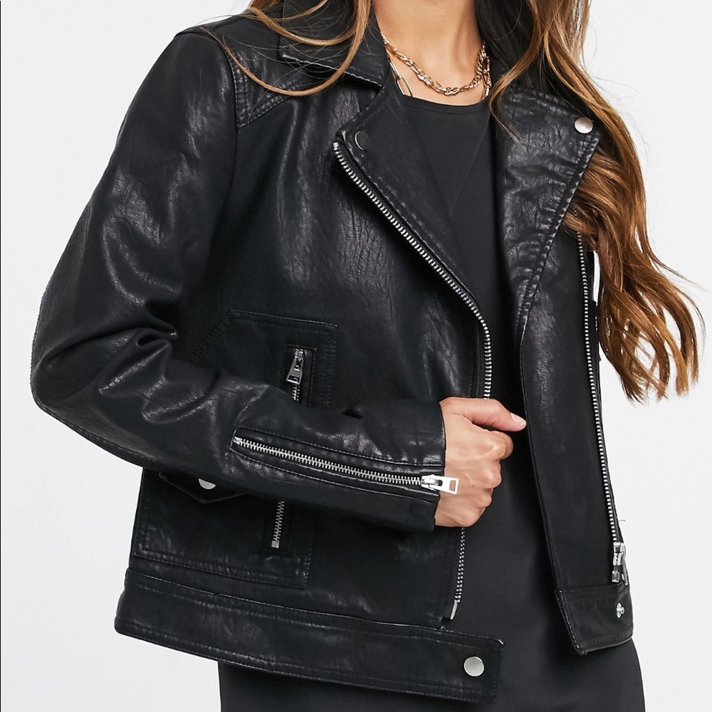Topshop Faux Leather Biker Jacket in black